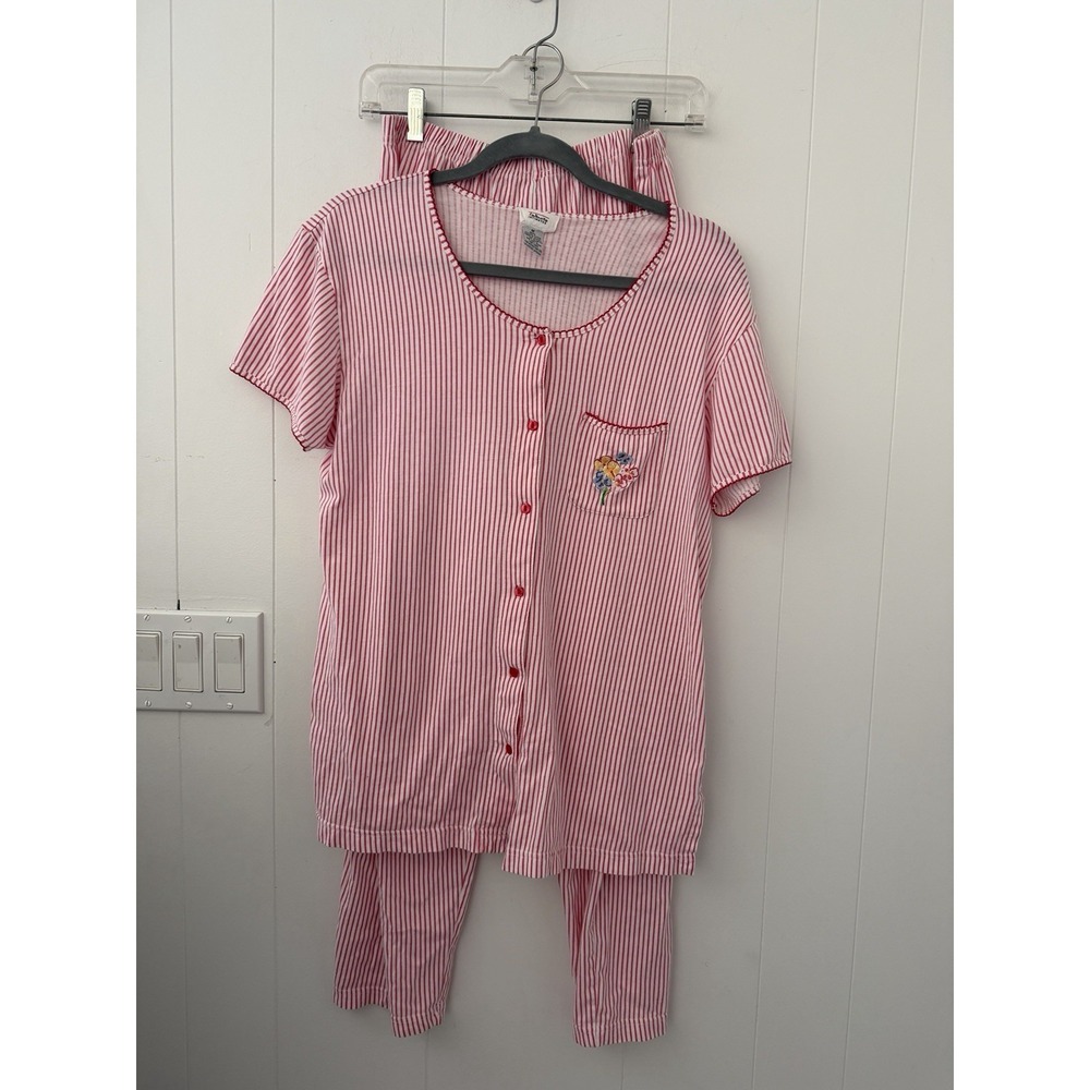 Talbot Intimates Red White Stripe Embroidered Cotton Pajama Set Sz M Top & Pant